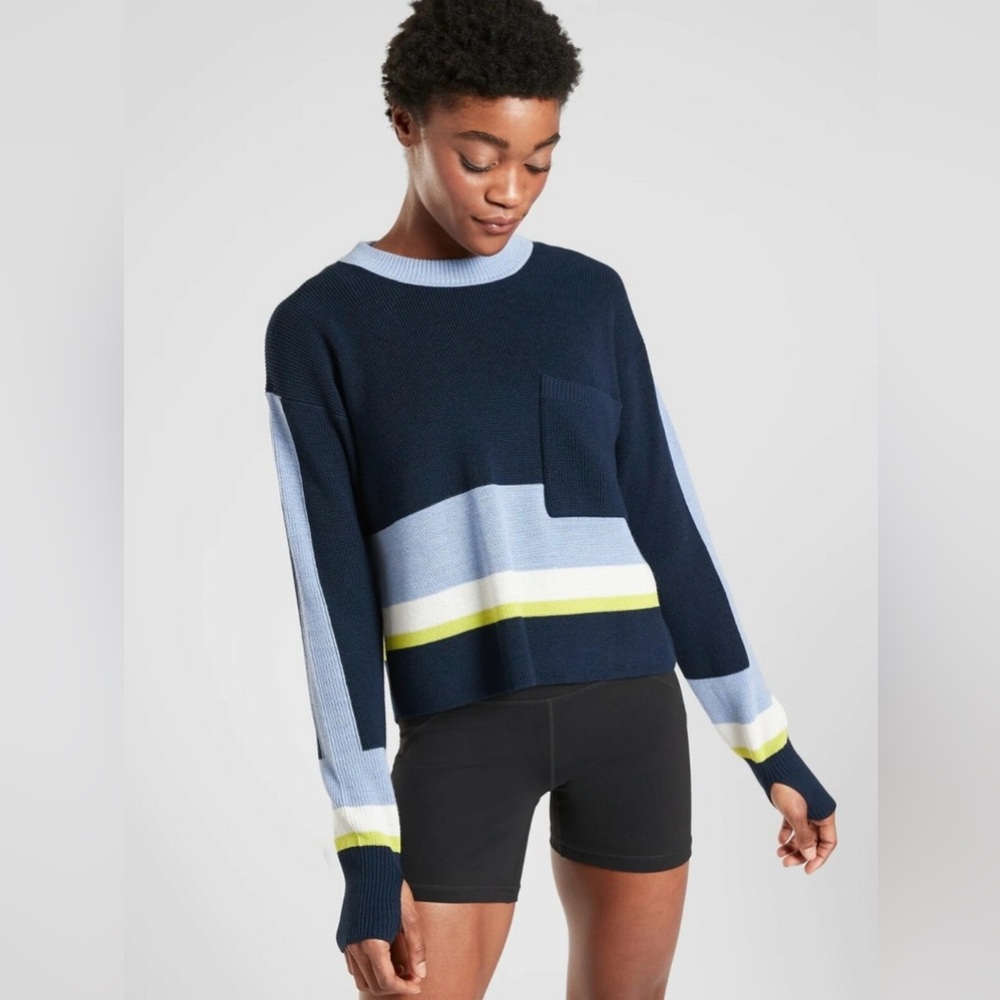 Athleta Navy Blue, Light Blue & Lime Striped Pullover Sweater